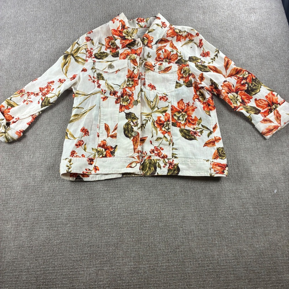 Joie Womens 100% Linen Floral Print button down Jacket Orange White Size M